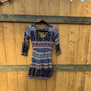 Hollister Xs Boho Cottagecore Dress Blue Red Sleeve‎ Ditsy Floral Mini Fairy